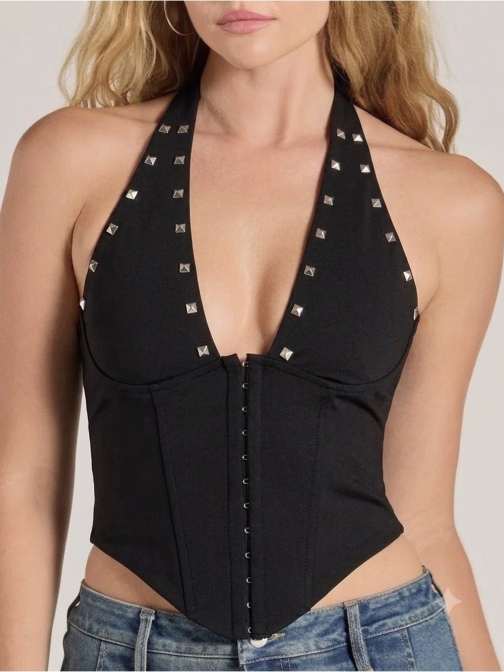 Windsor Black Studded Halter Corset Crop Top Glam Goth Punk Y2K Concert Small